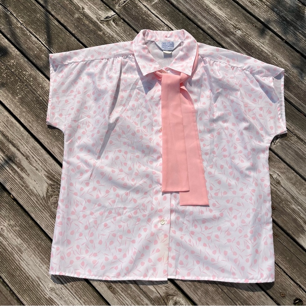 Cape Cod Match Mates white + pastel pink tulip print neck tie blouse